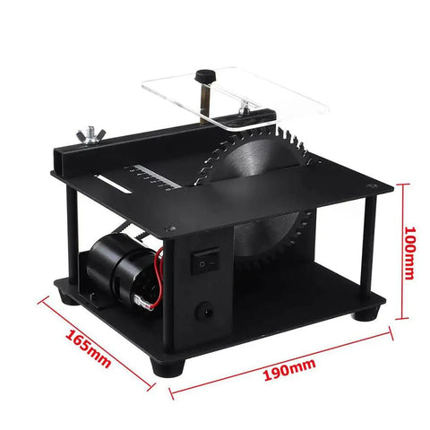 Badass Compact Mini Table Saw Featuring 200 Watt Motor For Smooth Hardwood And Acrylic Cutting Hella Precise Portable Bench Saw on a black metal base.