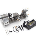 Mini Lathe Machine With 50Mm Chuck And Stepless 0 To 2000 Rpm Speed For Precision Wood And Metalworking Projects setup with tools and power adapter.