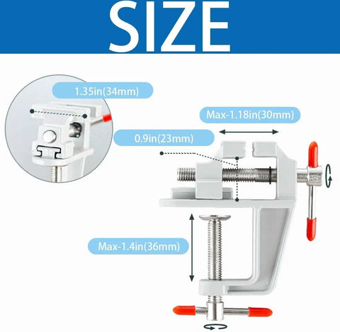 Dope Portable Table Clamp Vise For DIY Projects, Small Bench Vise dimensions showing clamping and screw measurements