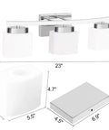Dimensions of Three Light Bathroom Vanity Light Over Mirror in Sleek Chrome With Milky Glass Shades 23 Inch Bath Fixture