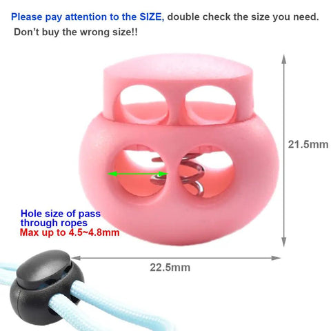 Ten Pack BabyPink Plastic Bungee Cord Locks showing dimensions and two holes for 4.5-4.8mm ropes, perfect for outdoor gear.