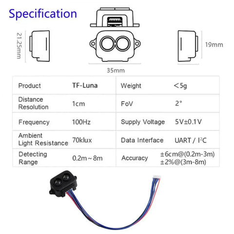 Diagram and specs of TF Luna LiDAR Range Sensor Module Single Point Micro Ranging 0.2 To 8 Meters With Time Of Flight Distance.