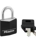 1-3/16 Inch Wide Covered Aluminum Keyed Padlock In Black With Vinyl Cover next to two keys for secure indoor and outdoor use