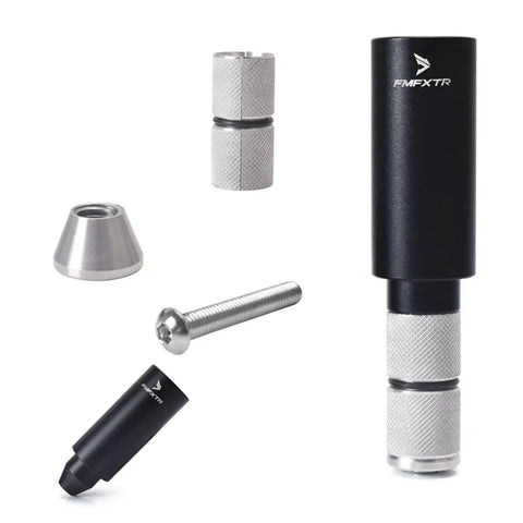 Aluminum 50mm Bicycle Handlebar Extender For Longer Reach And A Comfortable Grip, shown disassembled with bolt and parts.