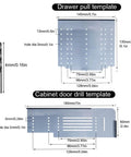 Diagram showing Silver Cabinet Handle Template Tool for Quick Marking and Drilling of Cabinet Knobs and Pulls with measurements.
