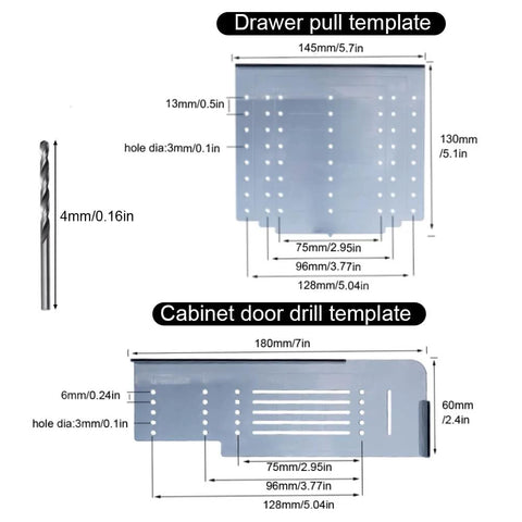 Diagram showing Silver Cabinet Handle Template Tool for Quick Marking and Drilling of Cabinet Knobs and Pulls with measurements.