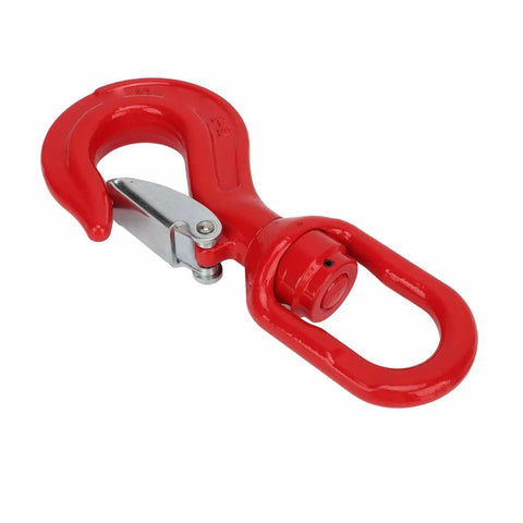 Hardcore Heavy Duty Swivel Lifting Hook Built Like A Tank At 5.3 Ton Capacity with a red finish for crane hoists.