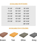 Size and color options for Rugged Workhorse 18 Oz Canvas Tarp, including brown, tan, olive, gray; various sizes available.