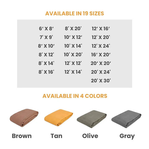 Chart showing 19 sizes and 4 colors of Heavy Duty 18 Oz Canvas Tarp Waterproof UV Resistant With Rustproof Grommets For Industrial And Commercial Use