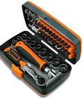 Front view of TYZK 38-in-1 hand tool set in orange-gray case with ratchet and socket bits