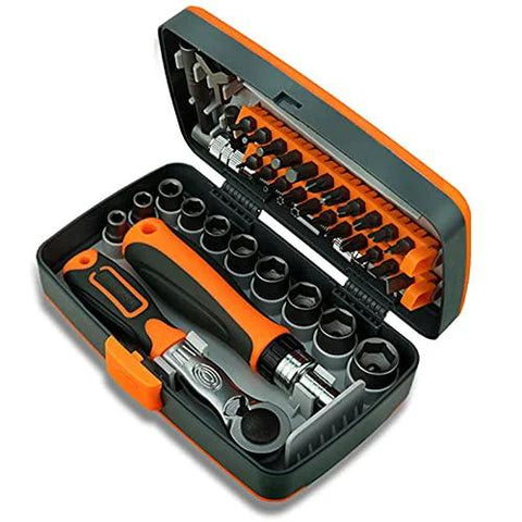 Front view of TYZK 38-in-1 hand tool set in orange-gray case with ratchet and socket bits