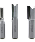 Three Piece Plywood Dado Router Bit Set With Half Inch Shank For Handheld Or Table Mounted Wood Routers Carbide Tip Heavy Duty CNC Machined Steel For Ultra Sharp Clean Dado Cuts displayed vertically