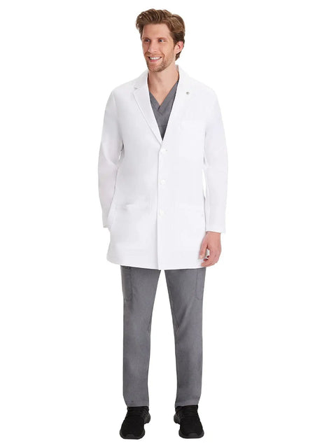 Relaxed Fit Men's Lab Coat With 5 Pockets, Side Slits, Knit Details And 360 Degree Stretch For Easy Movement, White, 34.5 Inch Back Length, X Large