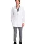Logan Men's White Lab Coat With Five Pockets, 360 Degree Stretch, Side Slits And Knit Details