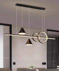 Black metal linear pendant light with white acrylic shade, 60W LED chandelier, modern design above kitchen island.