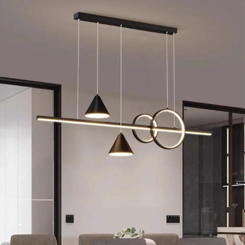 Black metal linear pendant light with white acrylic shade, 60W LED chandelier, modern design above kitchen island.