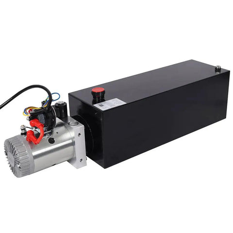 Yaton 12V Hydraulic Power Unit With 15 Quart Steel Reservoir 2.2kW DC Motor Pump side view showing steel tank and DC motor components.