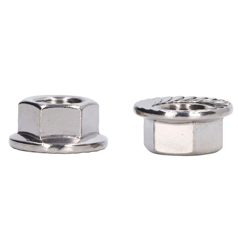 Fifty-Piece Flange Nut Set For Automotive And Machinery, Stainless Steel A2-70 DIN 1587 Locking Nuts, close-up view of two nuts