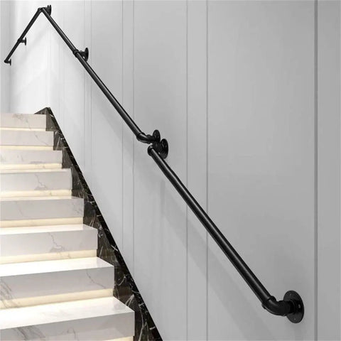 Dead Nuts Solid Retro Industrial Water Pipe Stair Banister, Top Shelf Wrought Iron Wall Handrail along marble stairs.