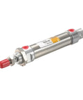 Badass Heavy Duty Stainless Steel Single Acting Pneumatic Cylinder 20mm Bore X 75mm Stroke side view showing red rubber buffer.