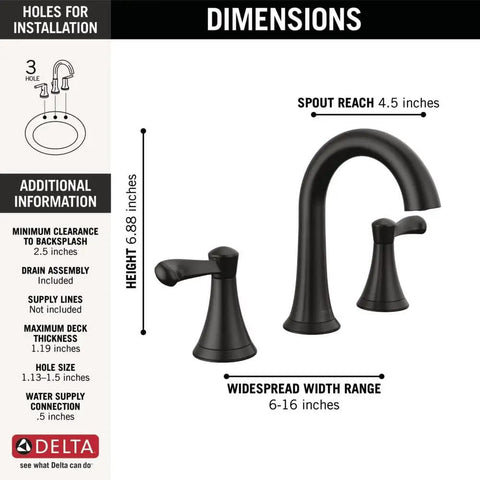 Esato Matte Black Widespread Bathroom Faucet For 3 Hole Sink Mounting With Drain Assembly Included 35897LF-BL dimensions