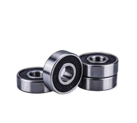 Miniature Deep Groove Ball Bearings 608-2RS 8mm X 22mm X 7mm set of 10 with black double rubber sealing covers, close-up view.
