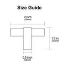 Size guide for Ten Pack Matt Black Cabinet Knobs, 2 Inch T Bar Knurled Cabinet Hardware, dimensions in inches and millimeters.