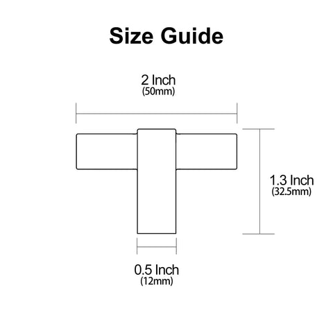 Size guide for Ten Pack Matt Black Cabinet Knobs, 2 Inch T Bar Knurled Cabinet Hardware, dimensions in inches and millimeters.