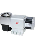 Heavy Duty CNC Rotary Axis Fourth And Fifth Index Head With Harmonic 50 To 1 Drive Nema 34 Stepper Motor visible with four jaw chuck.