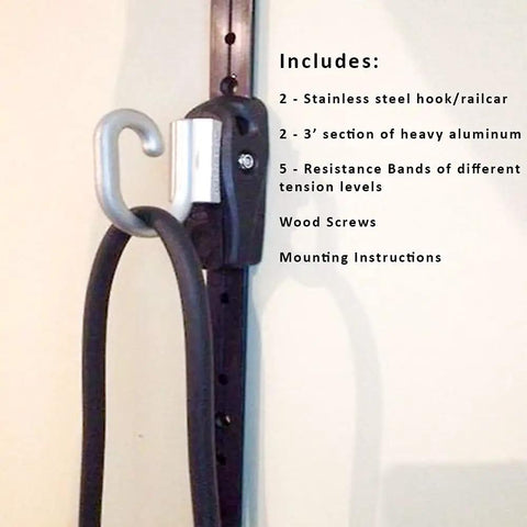 Top Tier Space Saving Home Gym Resistance Band System With Gliding Wall Track Three Foot Aluminum Mount And Five Bands Plus Handles showing stainless steel hooks and heavy aluminum track.