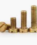 Top Shelf Solid Brass M5x25mm Slotted Cheese Head Screws, 5Pcs Heavy Duty Machine Fasteners arranged in a row.