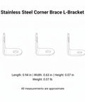 Diagram of stainless steel L bracket corner brace for furniture repair showing dimensions and right angle support
