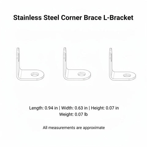 Diagram of stainless steel L bracket corner brace for furniture repair showing dimensions and right angle support