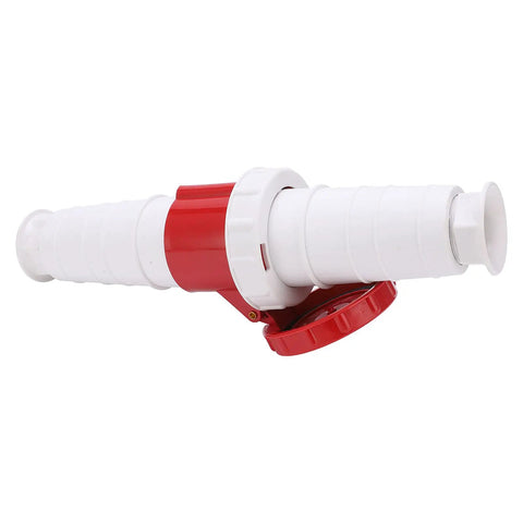 Heavy Duty 63A 5 Pin Industrial Plug Power Connector For 3 Phase 5 Wires IP67 380 To 415V Waterproof Electrical Connector Built Like A Tank For Tough Industrial Use And Heavy Machinery white red side view with cap