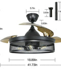 Dimensions of 42 Inch Caged Ceiling Fan With Remote Control And Lights Dope Farmhouse Flush Mount Low Profile Ceiling Fan For Kitchen Bedroom And Living Room Matte Black Finish E26 Base No Bulbs Included visible with measurements.