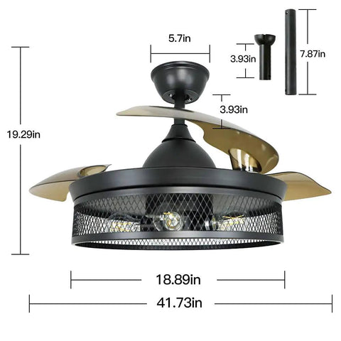 Dimensions of 42 Inch Caged Ceiling Fan With Remote Control And Lights Dope Farmhouse Flush Mount Low Profile Ceiling Fan For Kitchen Bedroom And Living Room Matte Black Finish E26 Base No Bulbs Included visible with measurements.