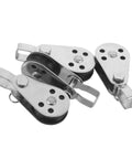 Four Pack Stainless Steel Marine Pulley Block Set With Swivel Bearing Tough As Nails Heavy Duty Rope Pulleys for kayaks and boats.