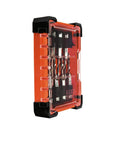 Side view of 8 Piece Drill Tap Tool Kit For Aluminum Brass Copper Plastic And Mild Steel in orange case, 1/4 inch hex bits.