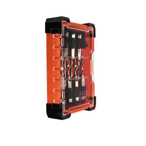 Side view of 8 Piece Drill Tap Tool Kit For Aluminum Brass Copper Plastic And Mild Steel in orange case, 1/4 inch hex bits.