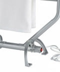 Base of Traditional Towel Warmer Rack For Bathroom, 34 Inch Nickel Finish, Four Bar, Free Standing Or Wall Mounted, power switch detail