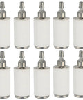 Fuel Filter For Husqvarna 124 125 128 Series Trimmers Brush Cutters Pole Pruners Edgers Weedeaters Poulan Craftsman Gas Leaf Blowers Pack Of 10 Replacement Parts For Outdoor Power Gear Easy Install And Reliable Operation. Ten white and metallic fuel filters for various outdoor power tools.