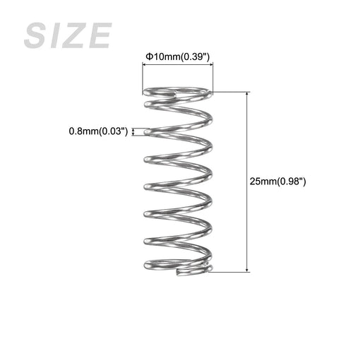 Side view: METALLIXITY stainless steel compression spring, 0.8 mm wire, 10 mm outer diameter, 25 mm free length.