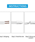 Dicio porcelain ceramic wire connectors, white, 3-step installation diagram showing stripping, twisting, and screwing.