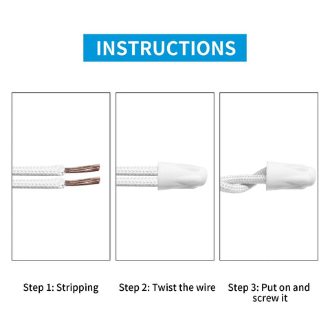 Dicio porcelain ceramic wire connectors, white, 3-step installation diagram showing stripping, twisting, and screwing.