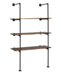 Industrial Style Wall Mount Pipe Shelf Kit Black 4 Tier Open Bookshelf DIY Iron Pipe Shelving System Two Pack for Home Office Bar Cafe Retro Metal Storage Rack Hanging Bracket, side view with wooden shelves.