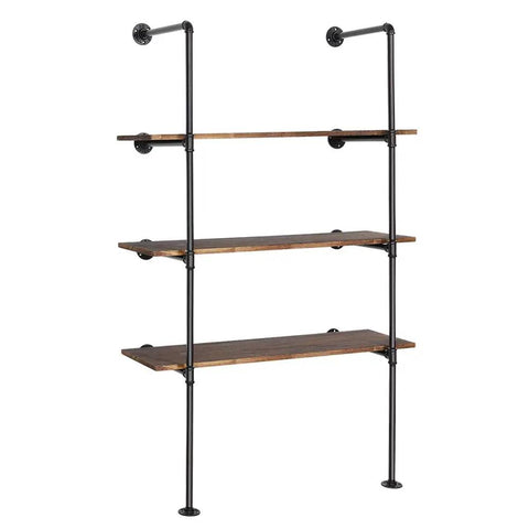 Industrial Style Wall Mount Pipe Shelf Kit Black 4 Tier Open Bookshelf DIY Iron Pipe Shelving System Two Pack for Home Office Bar Cafe Retro Metal Storage Rack Hanging Bracket, side view with wooden shelves.