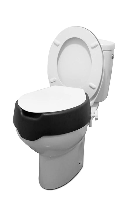 4 Inch Soft Raised Toilet Seat With Lid For Easy Sit Down And Stand Up Handles Included, 300 Lb Capacity, Tool Free Clamp On Riser, Black