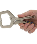 Welding Pliers With Fast Release Locking C Clamp 6 Inch Wide Opening Jaws held in hand for metal fabrication