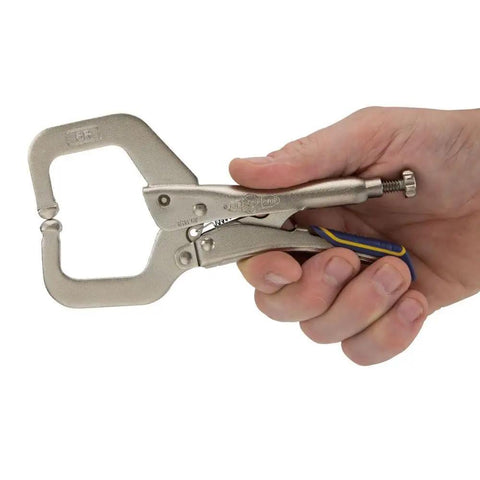 Welding Pliers With Fast Release Locking C Clamp 6 Inch Wide Opening Jaws held in hand for metal fabrication