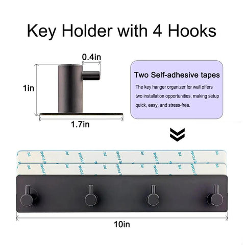 Ultra Handy Wall Key Holder With 4 Hooks And Dual Adhesive Tapes, rust-resistant stainless steel key rack dimensions and components